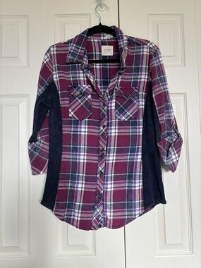Ci Sono Purple Plaid Button-Down with Navy Side Panels